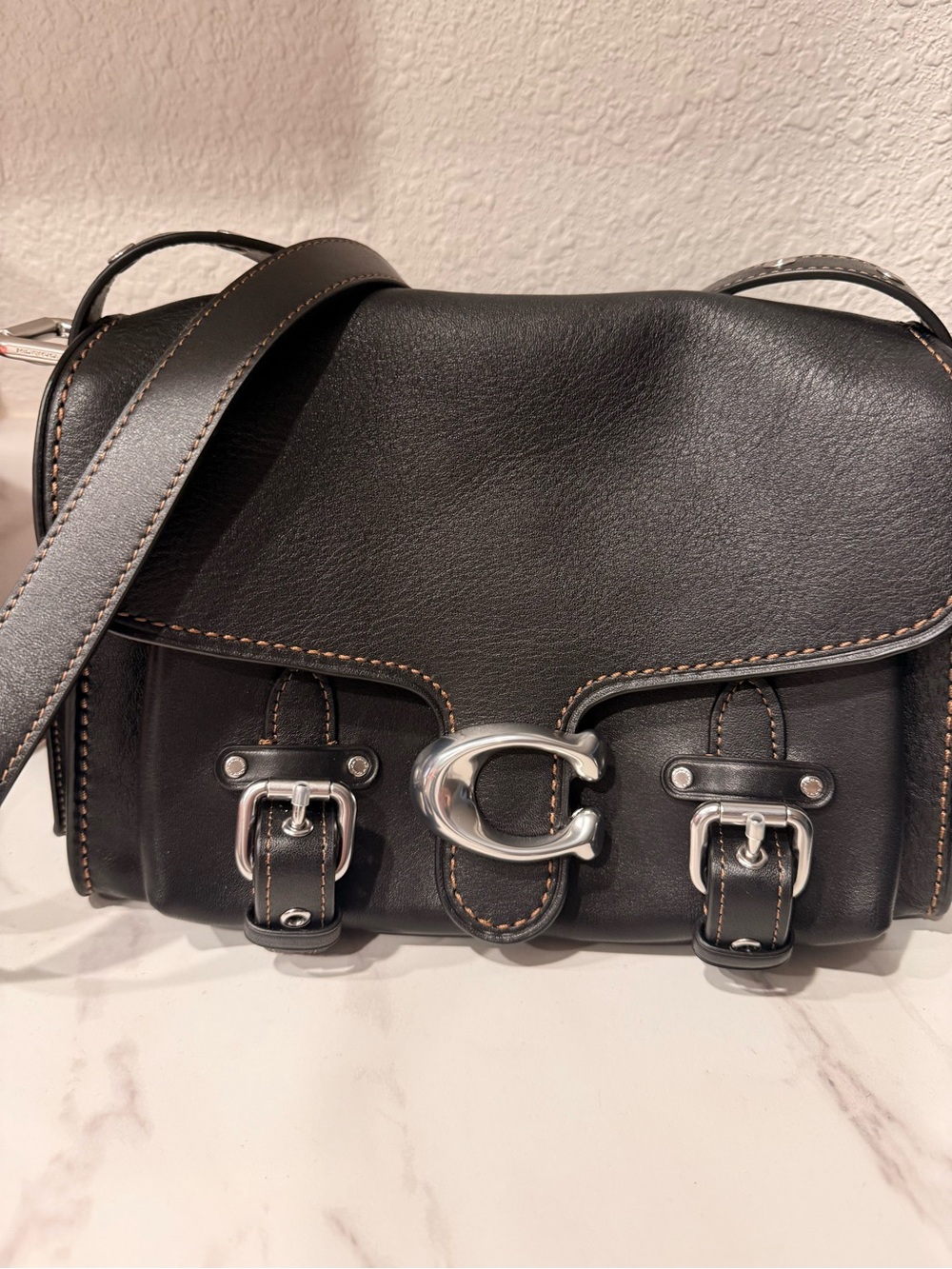 Coach Black Leather Buckle-Front Crossbody Western Tabby